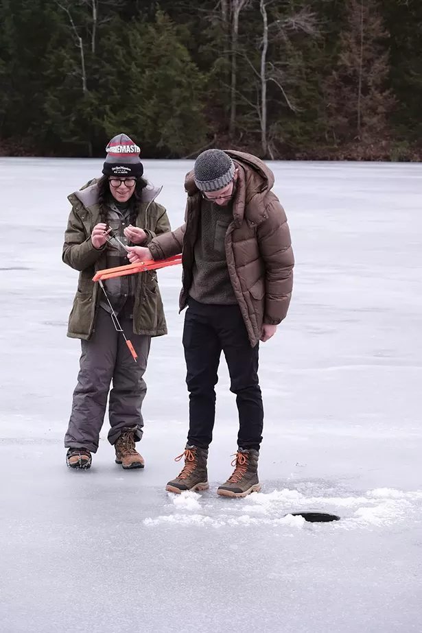 Olivia and Zach Alder at Onteora Lake. The married couple live in Boiceville and their favorite fishing spot is Big Pond, in the western Catskills, but they were taking advantage of a rare day of good conditions this winter at a lake closer to home. - PHOTO BY ROY GUMPEL