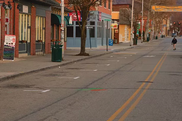 A deserted Main Street in Beacon. Many businesses were mandated to close by order of the governor. - PHOTO BY ROSS CORSAIR