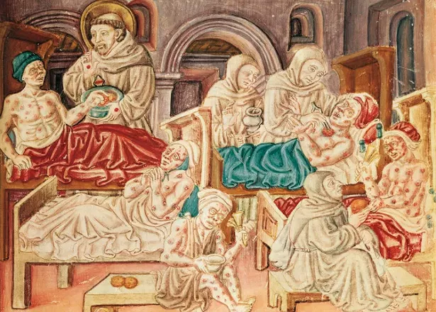Franciscan monks treating bubonic plague victims by Jacopo Oddi from the 15th-century La Franceschina codex.