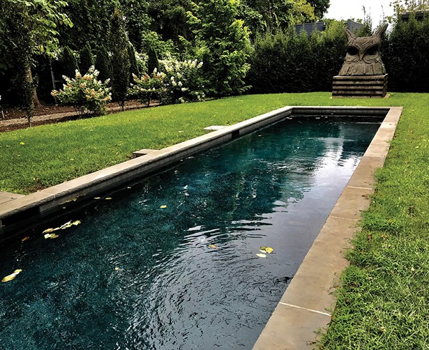Thomas Houseago's massive bronze sculpture, Large Owl (For B), stands guard over the backyard lap pool.