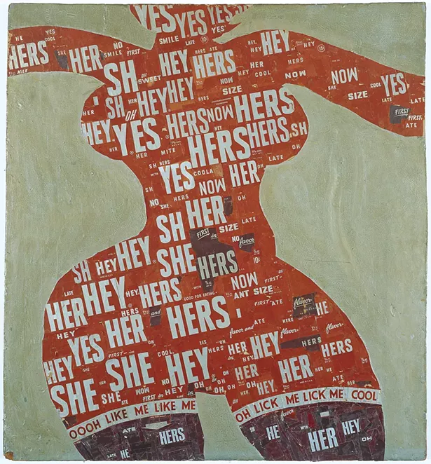Calliope Venus...Lick Me Momma, Al Hansen, Hershey wrappers and sliver paint on plywood,1968.