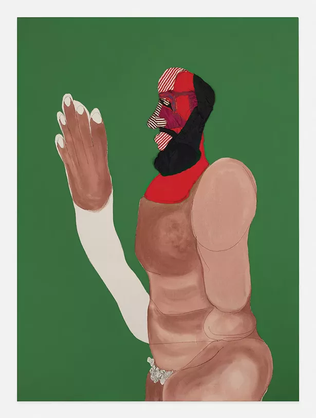 Father, Tschabalala Self, acrylic, gouache, flashe and fabric on canvas, 2019