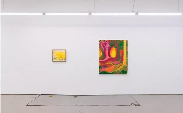 An installation view of Lois Dodd and Shara Hughes's two-person show at Parts & Labor in Beacon.