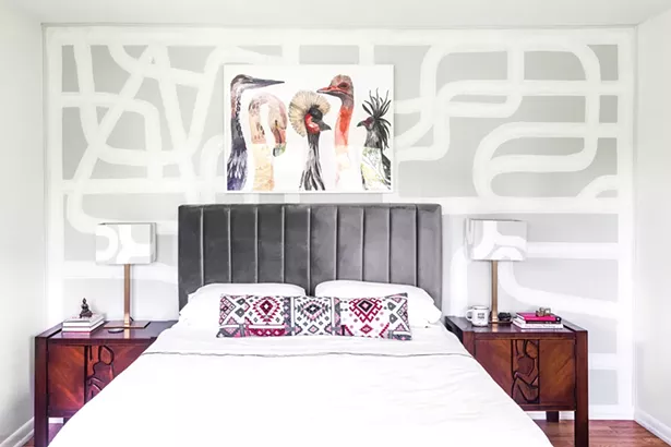Top: The home’s master bedroom features a custom mural and matching lampshades by Red Hook-based artist Rowan Willigan. The painting of birds above the bed is by Michelle Morin. “A love of birds is embedded in my culture,” says Schultz. “Parrots and toucans are a part of the ecosystem in Brazil. And now I love the beautiful birds of the Northeast.” - PHOTO BY WINONA BARTON-BALLENTINE