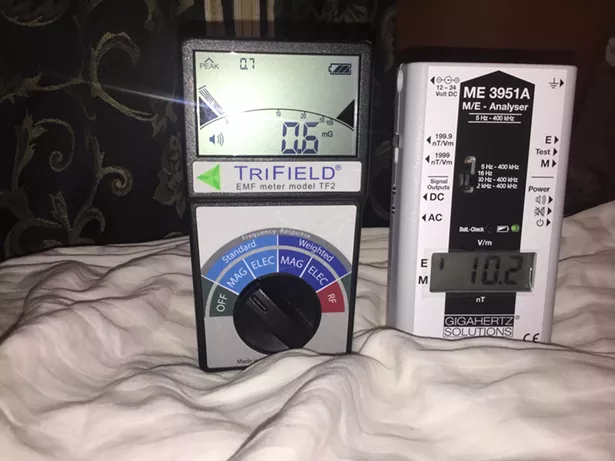 Measuring magnetic and electric fields on a bed. - IMAGE COURTESY OF HARRISON BARRITT.