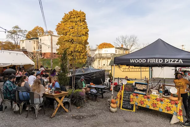 Pizza Farm, Be Golden Farms’ popup restaurant in the courtyard of Subversive Brewing. - PHOTO BY ALON KOPPEL