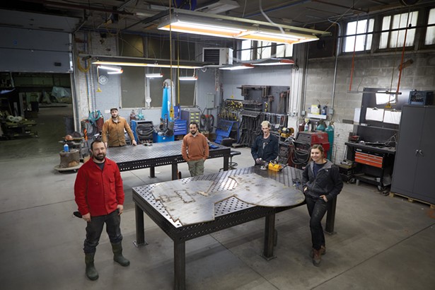 Cottage Street in Poughkeepsie is home to a number of manufacturing businesses, like 4th State Metals, a fabrication facility that works with architects and artists. Left to right: Ben Kane, Isaac Zal, Blake Burba, Dave Markusen Weiss, and Lauren Fix. - PHOTO BY DAVID MCINTYRE