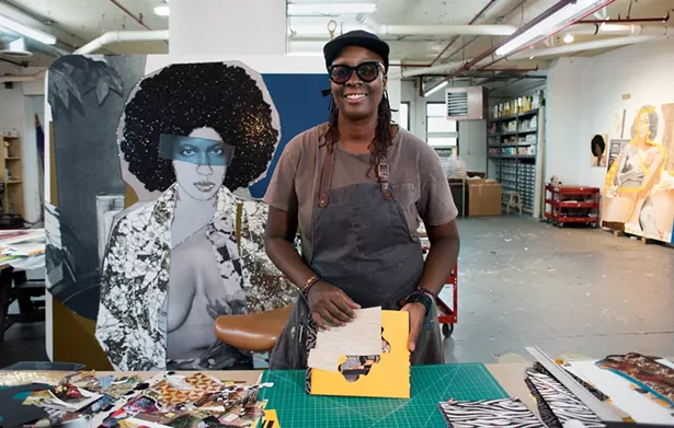 Mickalene Thomas in her studio with materials from her project Love is a Shape Untitled. - PHOTO BY CASEY KELBAUGH