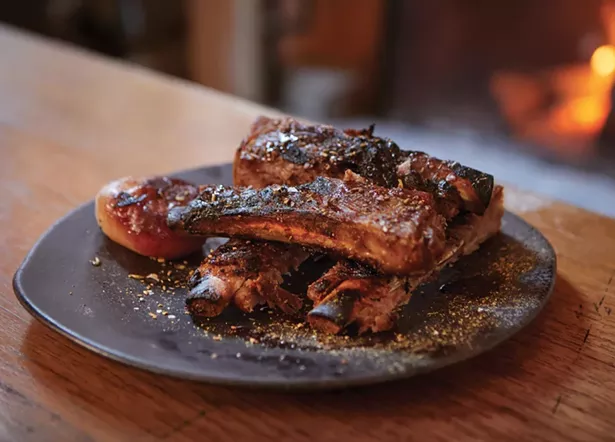 Pork ribs with cippolini onion, walnut-amaro reduction.