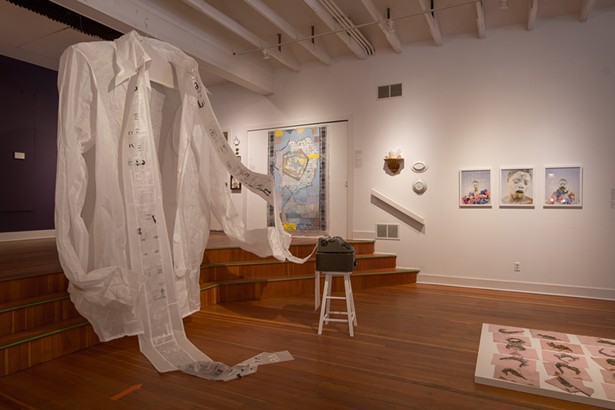 Left to right: "Words Untie Knots, (Pussy Bow Blouse Redux)," Kate Hamilton, 2016/2021. "Letter to the World," Yura Adams, 2021. Late 18th-early 19th century staple repaired porcelain. "Bodies of Plenty: Harvest, Spoils, Sprout and Root," Corinne Spencer, 2013. "Tiaras," Katherine Umsted, 2013. - JOHN KLEINHANS