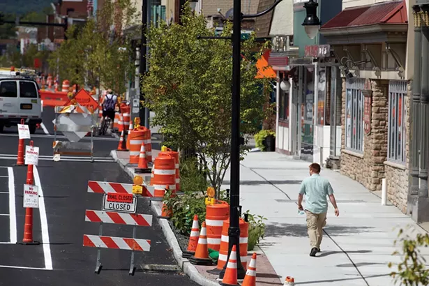 The city is nearing the end of a long-planned streetscape overhaul that has transformed Broadway, its main thoroughfare, including a dedicated bike lane. - DAVID MCINTYRE