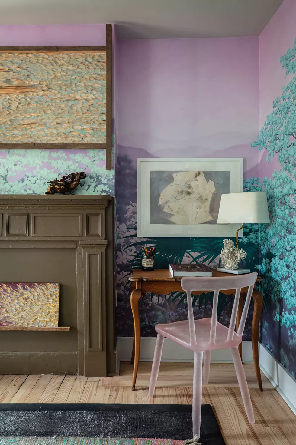 Anywhere But Here, Maryline Damour & Mel Jones Jr., Damour Drake. Glow Collection pink chair by Kim Markel. Wood carvings by Eric Archer. Ink and pastel artwork by Marieken Cochius. - PHIL MANSFIELD