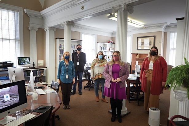 The staff of the Catskill Public Library (l-r): Lene Cameron, Gabriel Kane, Cressa Moran, Crystal DiRaffaele, Allie Rappleyea. - PHOTO BY DAVID MCINTYRE