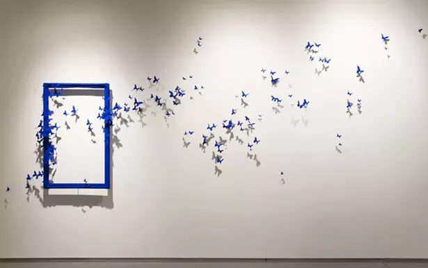 Paul Villinski, Mirror VIII, 2015, Wood frame, aluminum (found cans) wire, steel, Flashe; 50-1/2" x 43-1/4" x 9-1/2"
