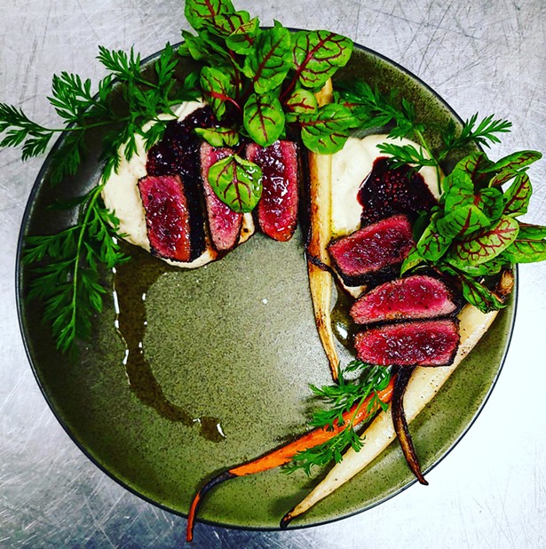 Coffee-Cured Elk from last month's five-course game dinner Mama Roux hosted with The Spirits Lab and Fossil Farms
