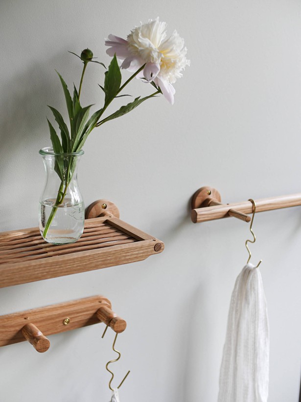 Accordance with Nature's Woven Shelf, Dowl Rail, and Peg Rail in White Oak, and Squiggle Hook - IMAGE COURTESY OF FIELD + SUPPLY