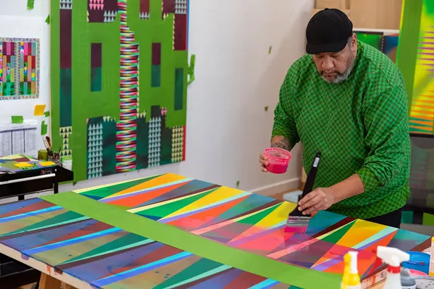 Jeffrey Gibson working in his Claverack studio, January 2021.