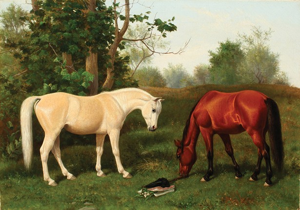 Untitled (Horses with Parasol), Caroline Clowes, oil on canvas, 14" x 20". Collection of Elise Shartsis.