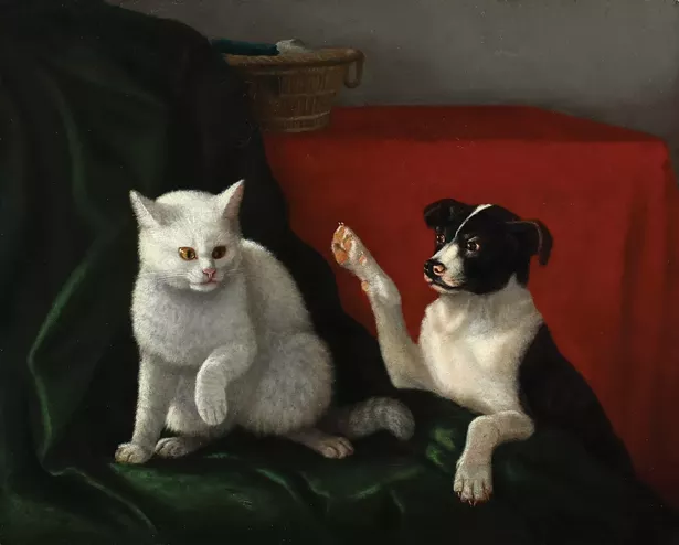 The Challenge, Dick and Bingo, Caroline Clowes, oil on canvas, 16 1/2" by 20 3/4", c.1859. Hart Hubbard Collection of the Dutchess County Historical Society.