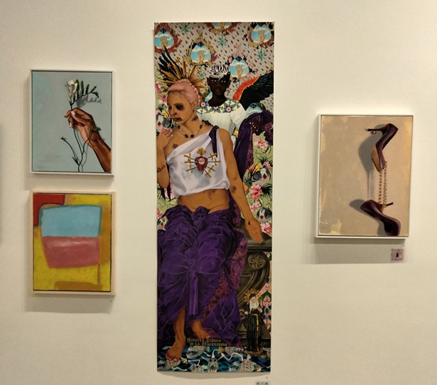 Installation view. Top Left: Freesia by Melissa Small Cooper; bottom left: Quotation #3 by Ted Dixon; center: Our Lady of the Unloved Woman (Nuestra Senorade La Malquerida) by Gerardo Castro; right: Hanging On by Melissa Small Cooper - COOPER.DIXON.CASTRO.COOPER