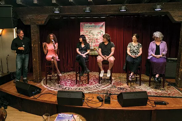 Chronogram Editorial Director Brian K. Mahoney leads a panel discussion with Kitt Potter (executive director, Maverick Concerts), Meira Blaustein (co-founder and executive director, Woodstock Film Festival), Michael Lang (producer, 1969 Woodstock Music Festival), Jen Dragon (owner, Cross Contemporary Art), and Barbara Bravo (chairperson, Saugerties Studio Tour) at Colony Woodstock. - RICHARD A. SMITH