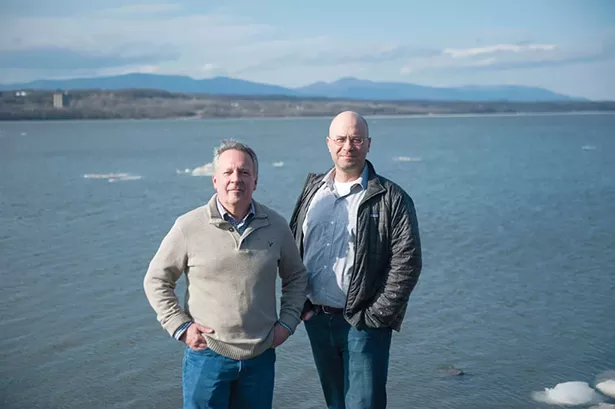 Rhinebeck Mayor Gary Barrett and Riverkeeper’s Dan Shapley near the Rhinebeck water treatment plant’s intake line in the Hudson River. - HILLARY HARVEY