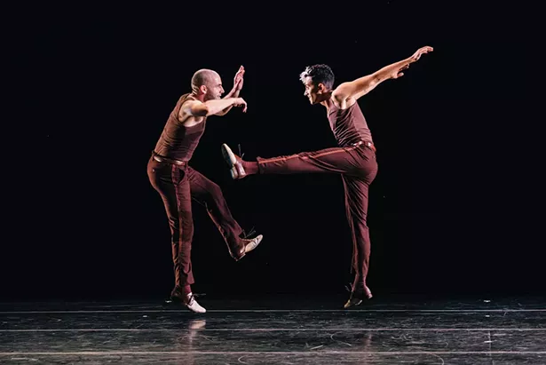 Nathan Bugh, left, and Caleb Teicher dancing in "Meet Ella." Teicher headlines a performance at the opening of PS21 new black box theater on April 14-15.