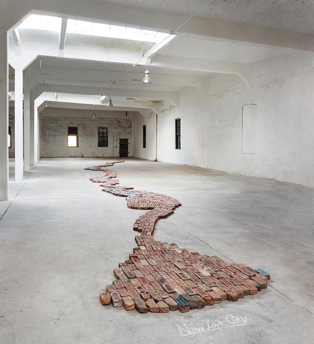 The "Hudson River of Bricks" installation, by Julia Whitney Barnes traces the rivers path to New York City in bricks, a historic product of the region.