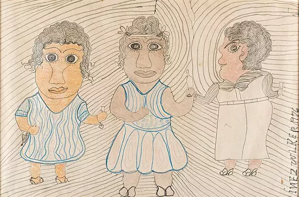 Three Figures, 1976 Colored pen and pencil on paper. Bequest of Pat O’Brien Parsons, class of 1951. - INEZ NATHANIEL WALKER (AMERICAN, 1907-1990)