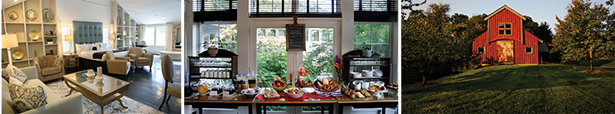 From Left to Right: The Grand Laurel guest room; Afternoon tea service; Buttermilk Barn perfect for special events.