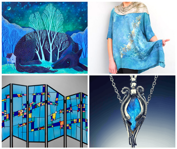 Clockwise from top left: Elaine Thompson Art, Heather Reid, Judith Hearney Jewelry, Glass Art of Brooklyn.