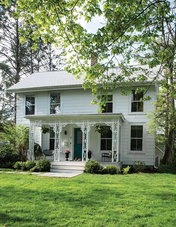 Walker’s 1870 Victorian is located in the Rhinebeck’s historic district. After removing - the exterior shingles, the family plans to paint the exterior walls and trim. “I think the house is going to tell me what color it wants to be when we remove the shingles,” Walker explains. “I don’t think it wants to be a dark color. I think it will be a lighter color and the - sashes and trims want to be dark.” The teal blue door is a shade Walker employs often in her designs. - PHOTO: DEBORAH DEGRAFFENREID