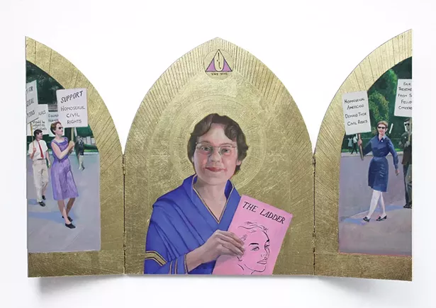 Barbara Gittings Triptych, Carl Grauer, oil on - board with gold leaf detail, 20" x 32", 2019.