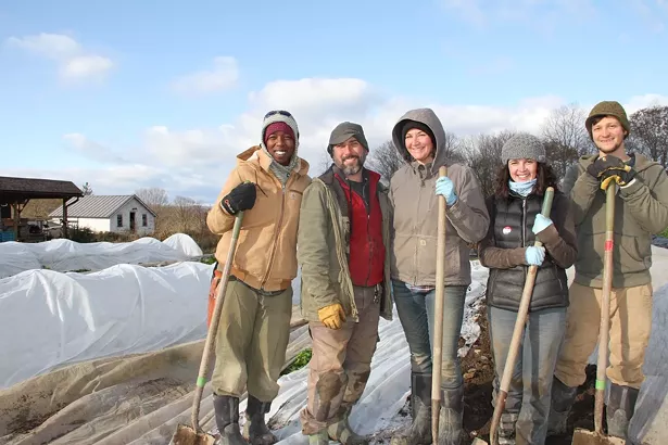 From left to right: Vegetable Apprentice Kione McAulay, Vegetable Production Manager Jarret Nelson, and Apprentices Christina Miller, Lauren Thorpe and Mikhail Pozin.