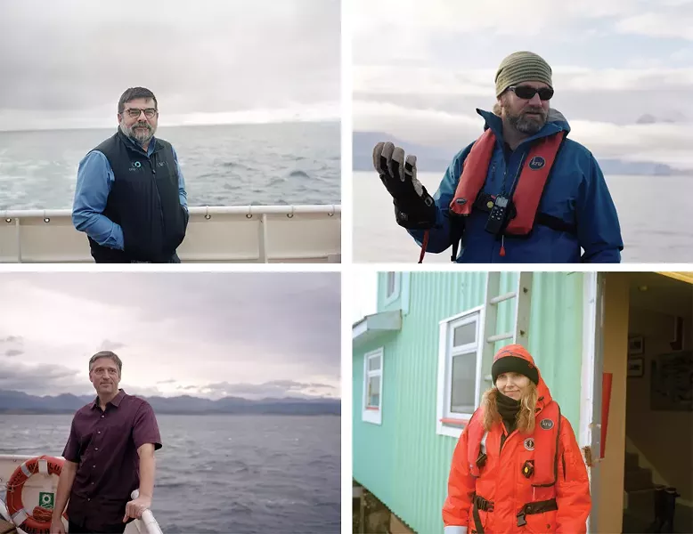 clockwise from top left: Jonathan Chester, historian and polar guide; Ari Friedlaender, lead whale scientist; Clare Dudeney, ship’s artist-in-residence; Brandon Southall, senior scientist. - PHOTO BY MADELINE COTTINGHAM