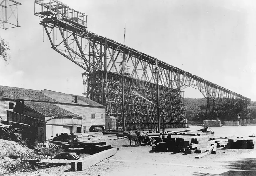 The nearly completed Poughkeepsie Railroad Bridge - in 1888. When it opened a year later, it was the longest bridge in North America. - IMAGE COURTESY OF HISTORIC BRIDGES OF THE HUDSON VALLEY/ARCADIA PUBLISHING