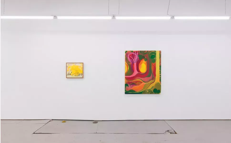An installation view of Lois Dodd and Shara Hughes's two-person show at Parts & Labor in Beacon.