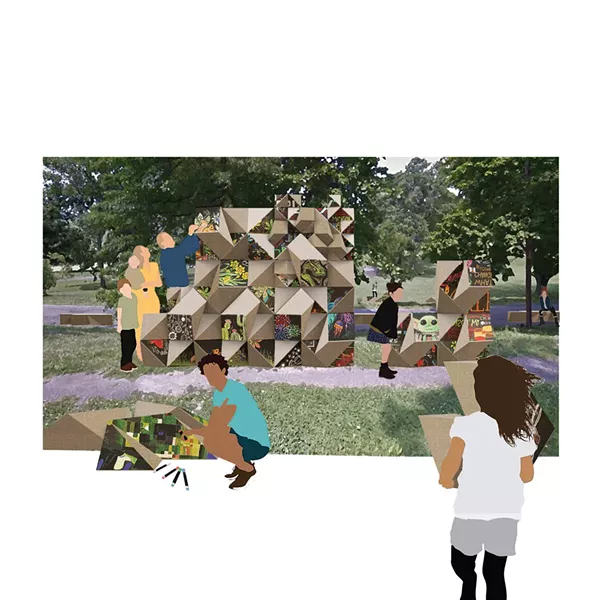 Anoushaé Eirabie and Yaxin Jiang submitted a propsal for Paint + Play, a collaborative street art project that uses painted elements that stack and combine into growing sculptures.