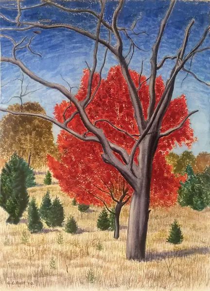 George Ault's watercolor Autumn Hillside from 1940, courtesy of the Historic Woodstock Art Colony. Collection of Arthur A. Anderson.