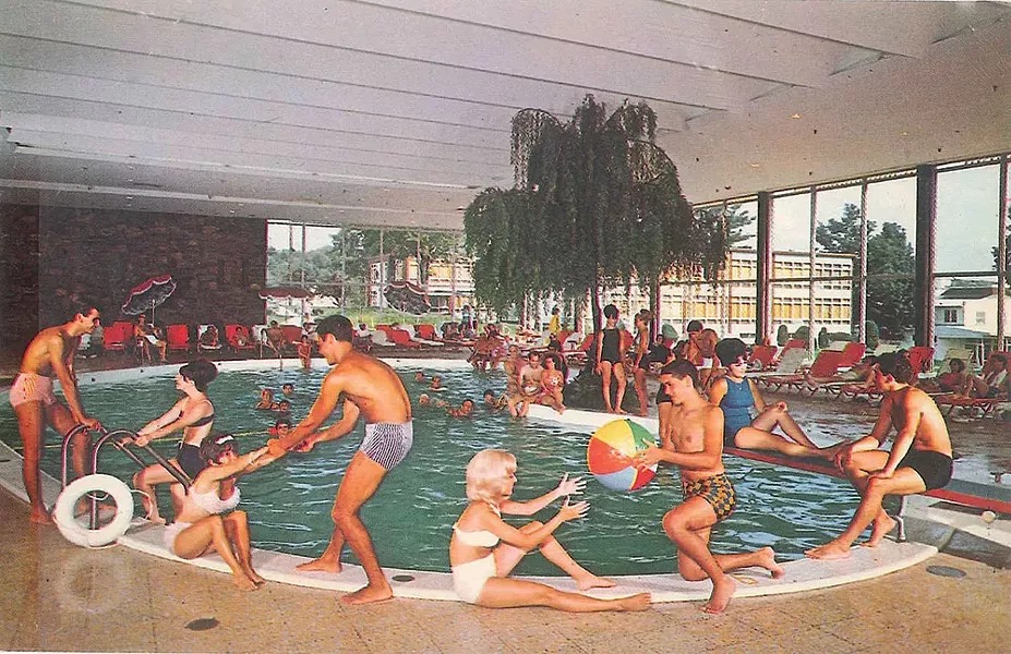 Postcard, ca. 1960, by Bill Bard Associates. Indoor pool, Laurels Hotel and Country Club on Sackett Lake, Monticello New York.