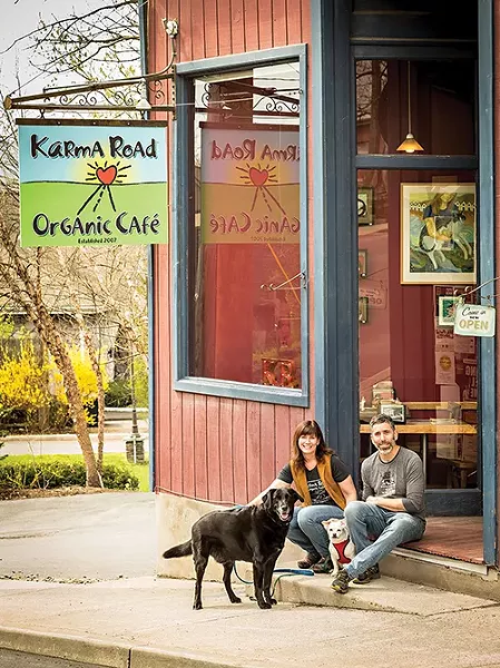 Jenn and Seth Branitz with Oliver and Georgia outside Karma Road in New Paltz. - FRANCO VOGT