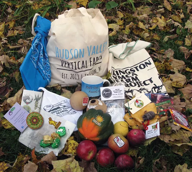 A Hudson Valley Vertical Farms market bag filled with goodies—the reward for collecting all the stickers on the Stick to Local Farms map.