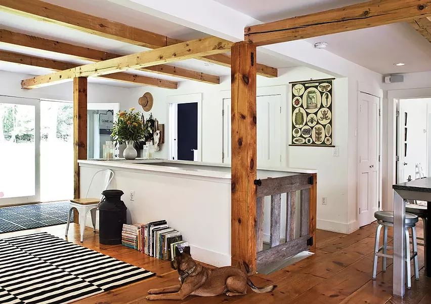 The couple’s dog, Jonsey, keeps watch over the home’s light-filled entrance. - DEBORAH DEGRAFFENREID