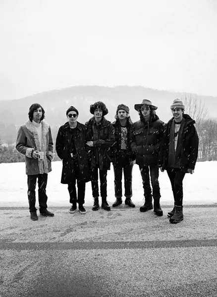 The Nude Party outside their Livingston Manor farmhouse (l-r): Patton Magee, Alec Castillo, Austin Brose, Shaun Couture, Connor Mikita, Zachary Merrill. - FIONN REILLY