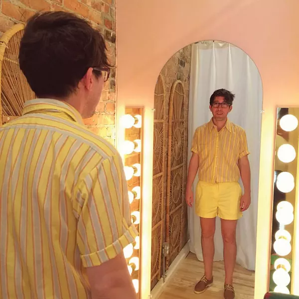 Justin wears a 1960s striped shirt and 1970s cotton shorts, from Lovefield Vintage in Kingston.
