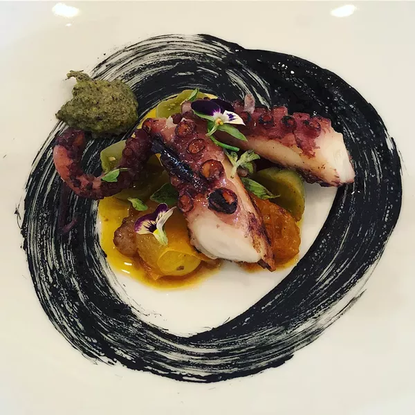 Grilled octopus, twice-cooked cherry tomatoes, paprika oil, squid ink, Iberico lardo, shishito puree - CARLA ROZMAN