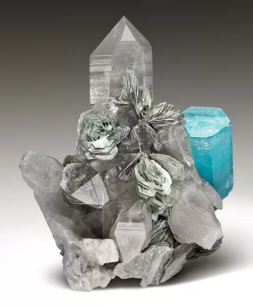 Aquamarine on Quartz, with Muscovite and Feldspar