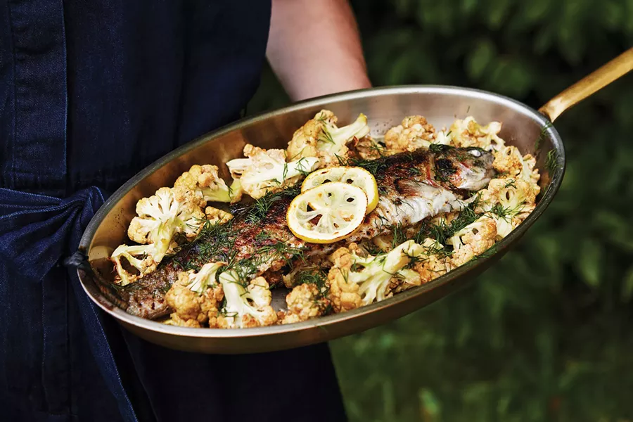 Local roasted trout stuffed with pine nuts and ramps and roasted cauliflower. Margaretville once was the cauliflower capital of the East Coast. - NATALIE CHITWOOD