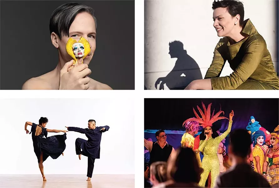 Clockwise from top left: - John Cameron Mitchell in “The Origin of Love: The Songs and Stories of Hedwig,” July 27 - Photo by Matthew Placek - Ausrine Stundyte in “The Miracle of Heliane,” July 26, 28 and August 2, 4 - Photo by Schneider Photography - Susanne Bartsch presents Spiegeltent Follies, July 20 - Photo by Maria Baranova - Ron K. Brown / EVIDENCE performs “Grace and Mercy,” July 5-7 - Photo by Matt Karas