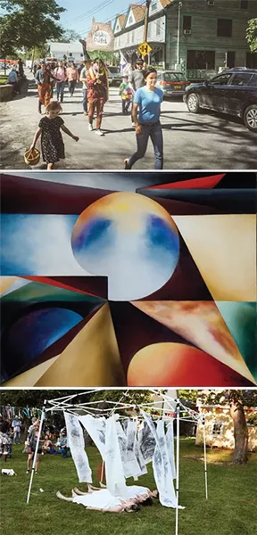From top: Opening Day Parade in Wassaic. - Photo by Anja Shutz; Ida Ten Eyck O’Keeffe, Creation, oil on canvas. Courtesy of Gerald Peters Gallery; Reb Ayse, Ali Feser, and Becky Riedman, Dusklist 2017. Photo by Argenis Apolinario